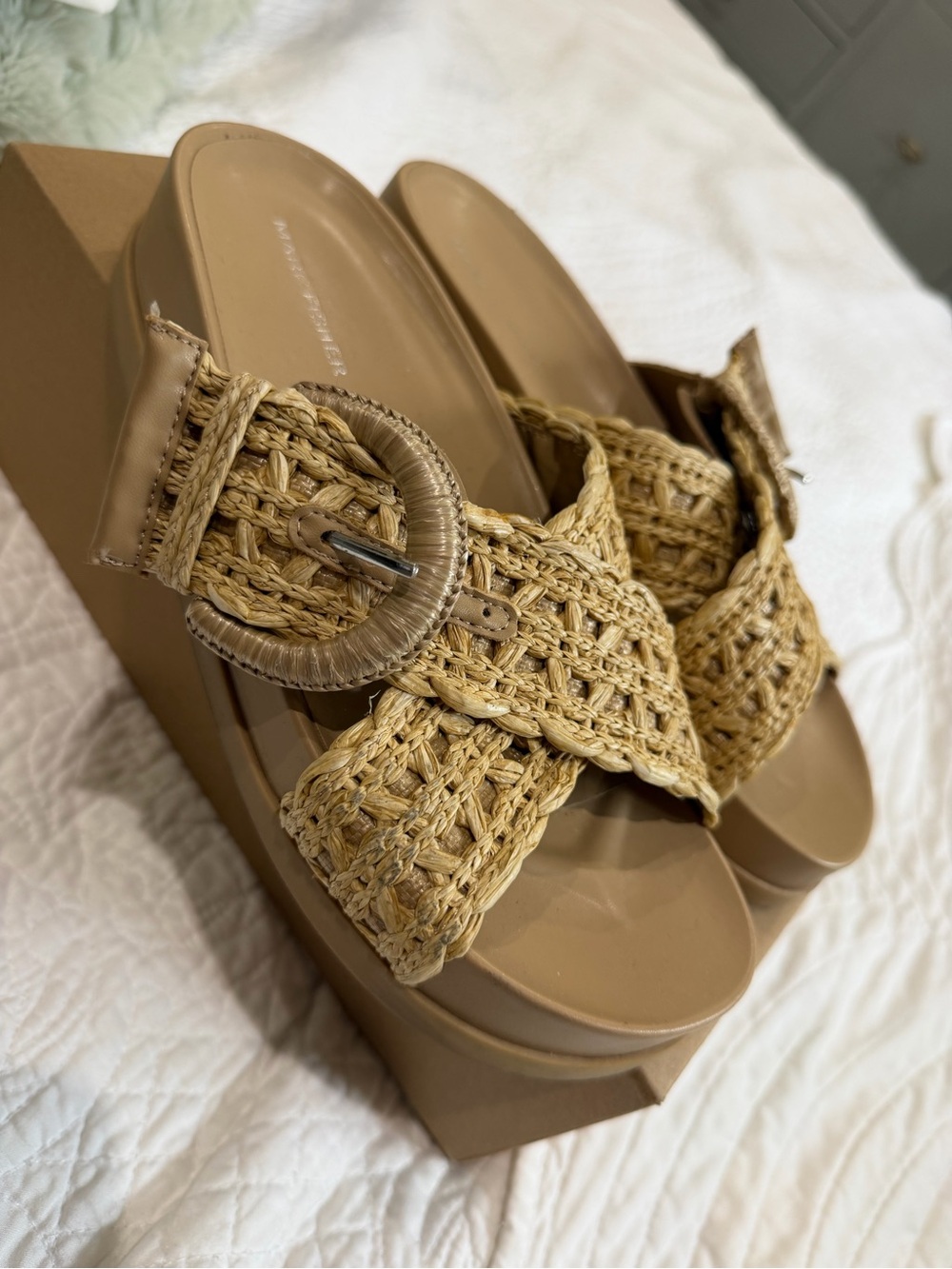 Marc Fisher Woven Raffia Slide Sandals in Tan
